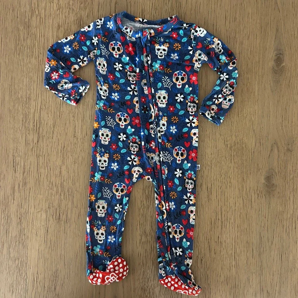 Little Bum Bums Baby Bamboo Zippy Sugar Skull Floral Print Blue 9-12 Months
